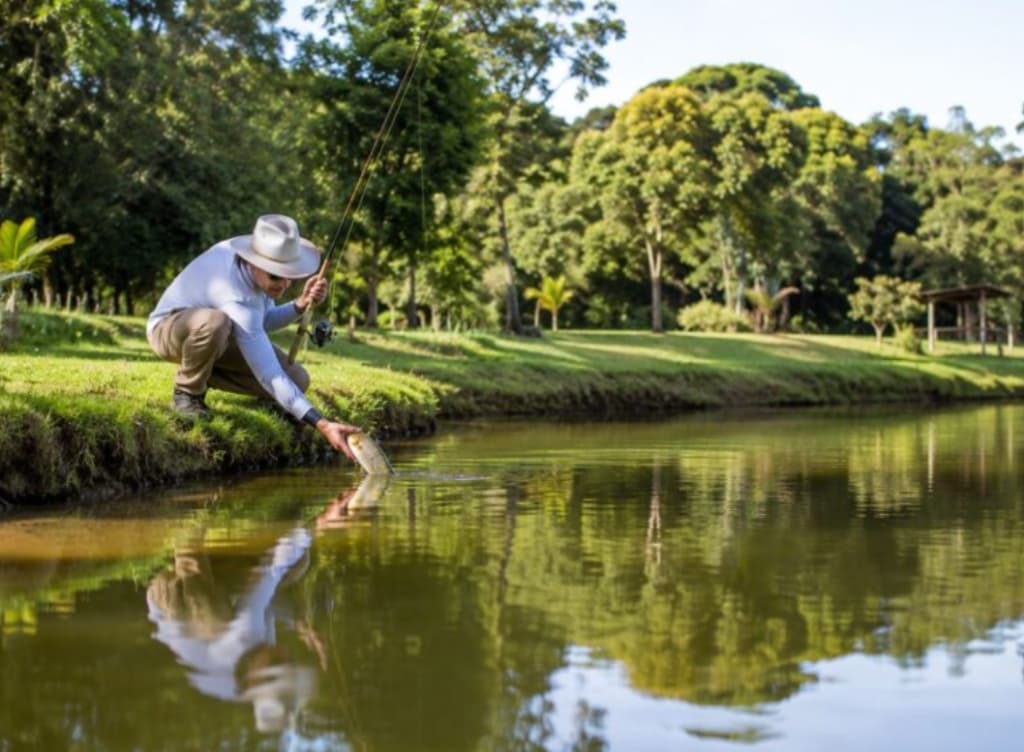 Guest releasing a fish into a calm lake surrounded by cerrado greenery.