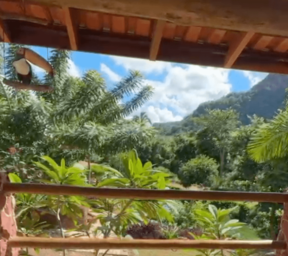 Open veranda facing the garden and hills, used as a living area.