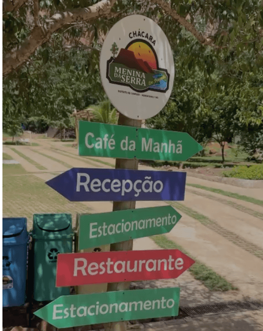 Pousada signs pointing to reception, breakfast, restaurant, and parking.